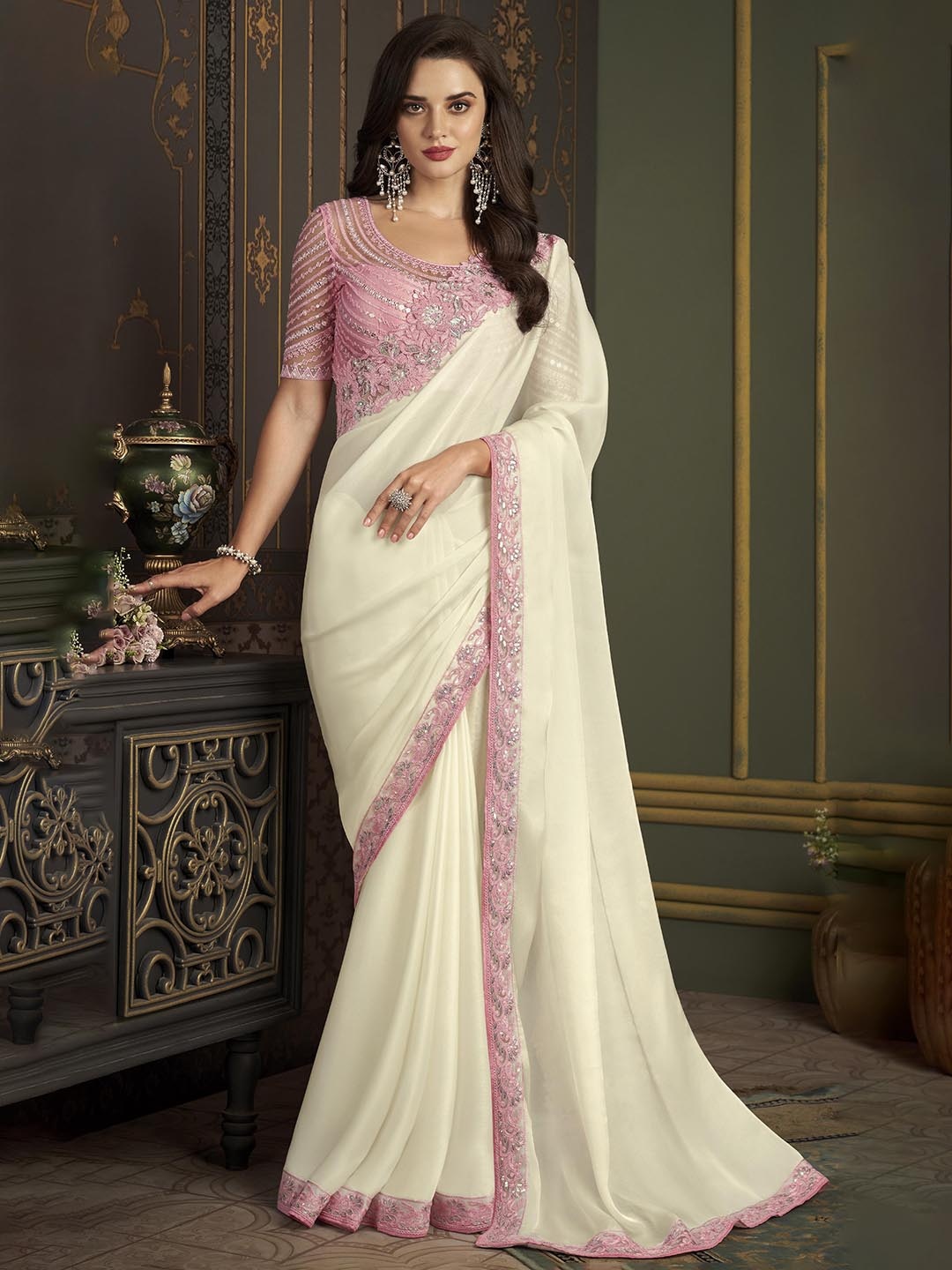 

Mitera Embellished Embroidery Saree, White