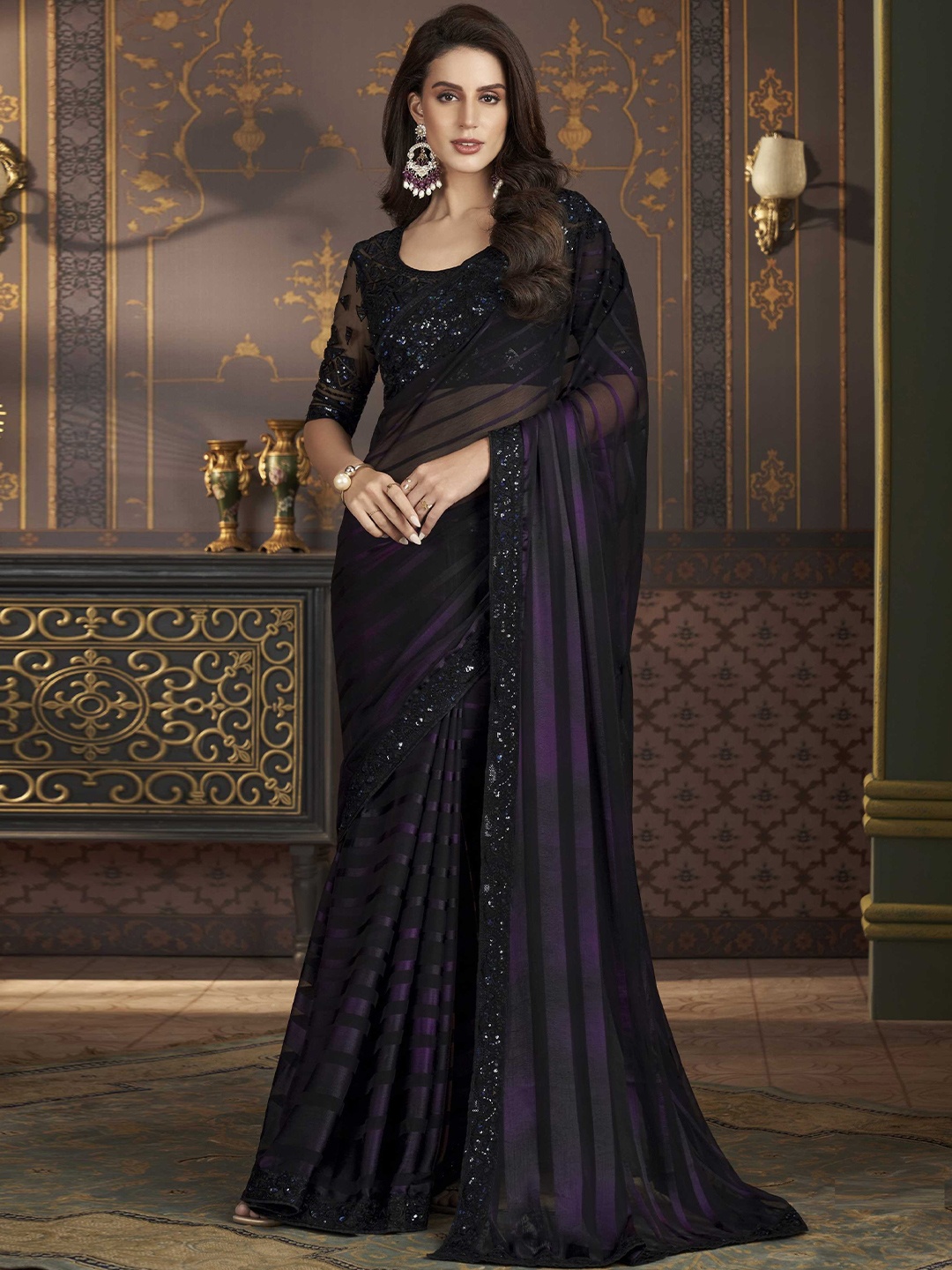 

Mitera Striped Embroidered Saree, Black