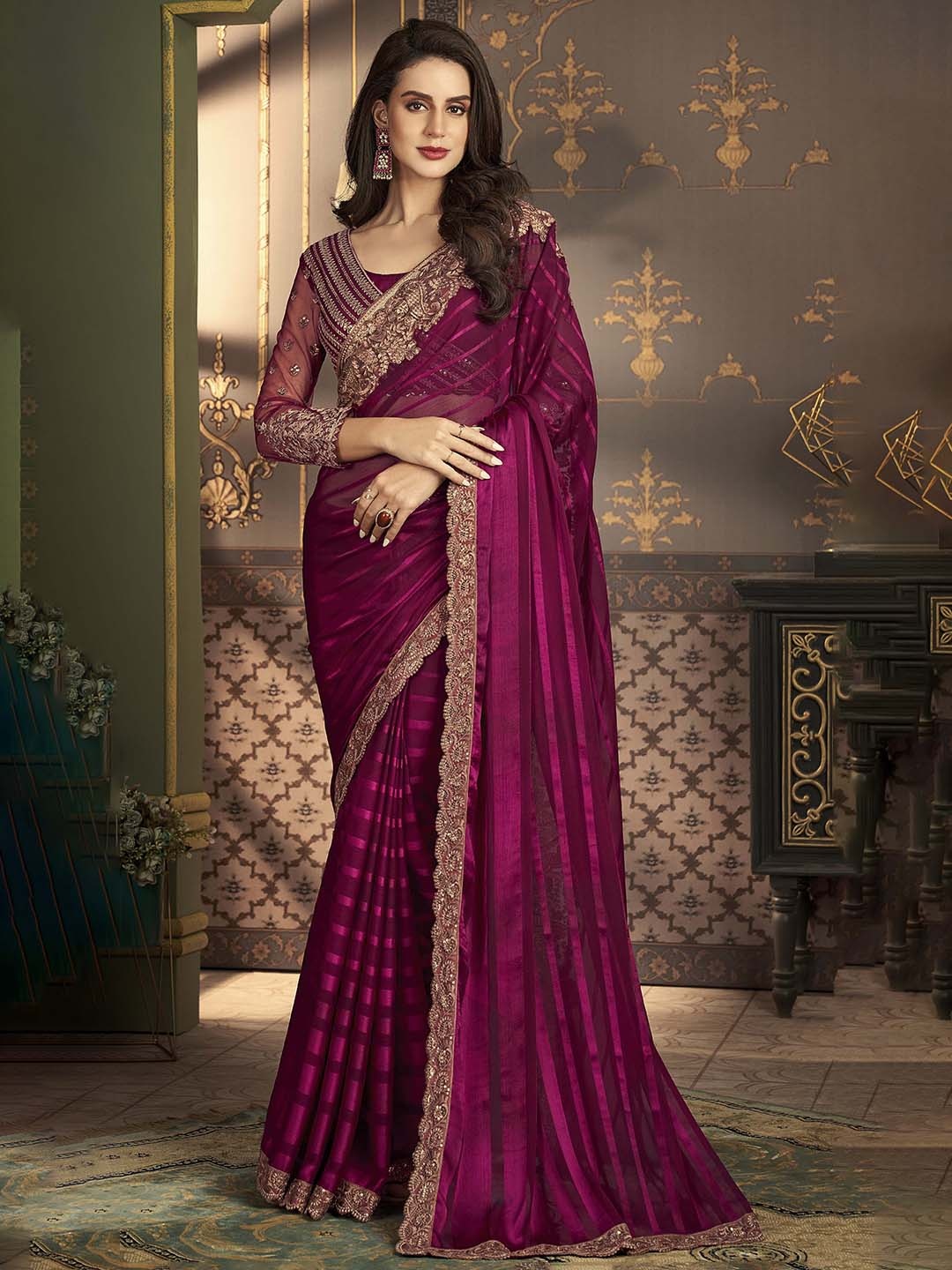 

Mitera Striped Embroidered Saree, Magenta