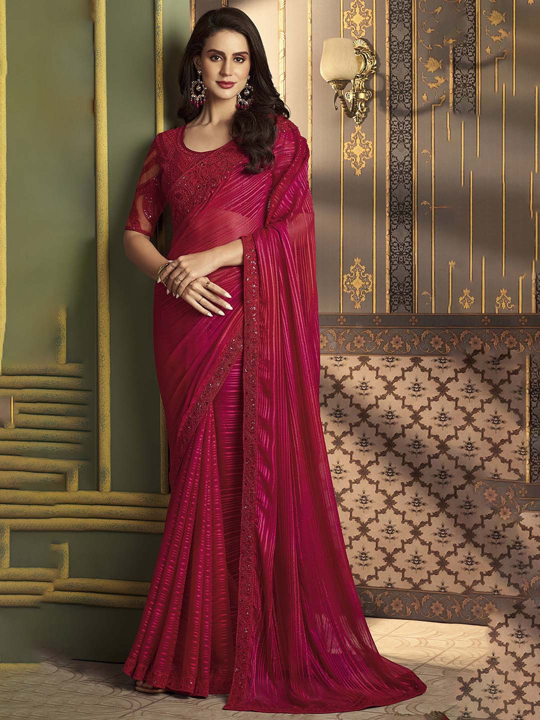 

Mitera Striped Embroidered Silk Blend Saree, Pink