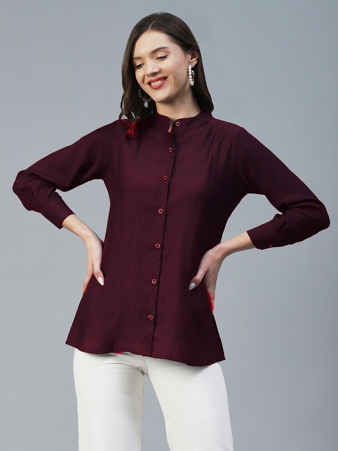 

KALINI Mandarin Collar Three-Quarter Sleeves Casual Shirt, Burgundy