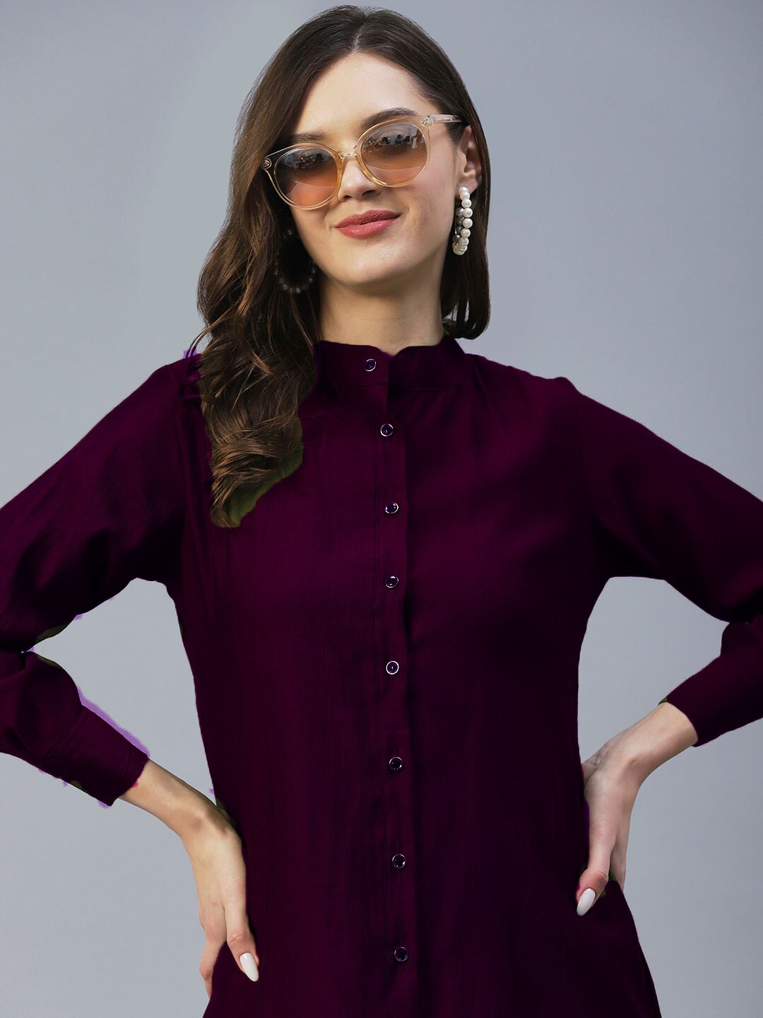 

KALINI Mandarin Collar Three-Quarter Sleeves Casual Shirt, Violet