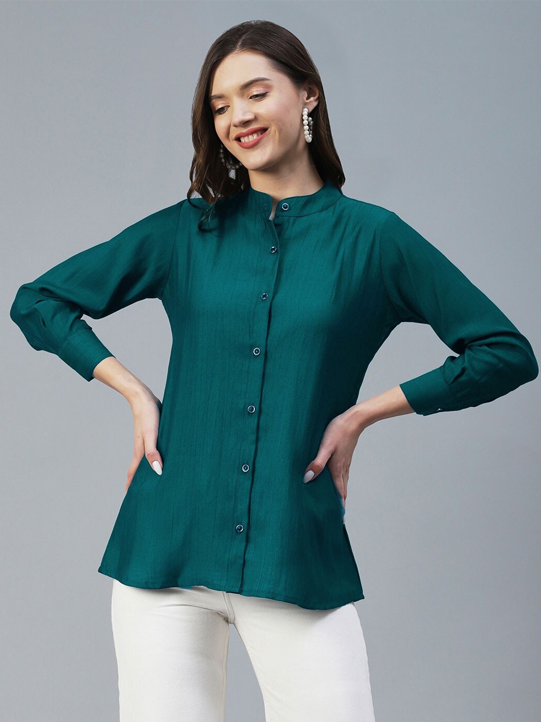 

KALINI Band Collar Casual Shirt, Green