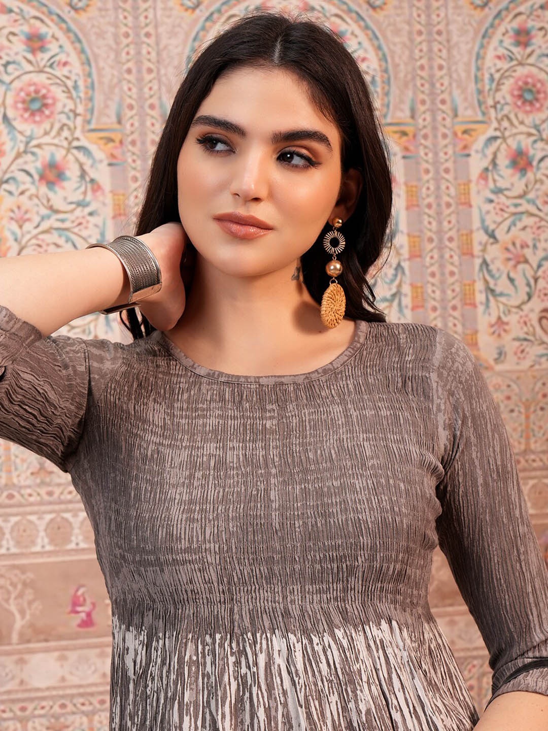 

Vishudh Grey Ethnic Motifs Printed Smocked A-Line Dress