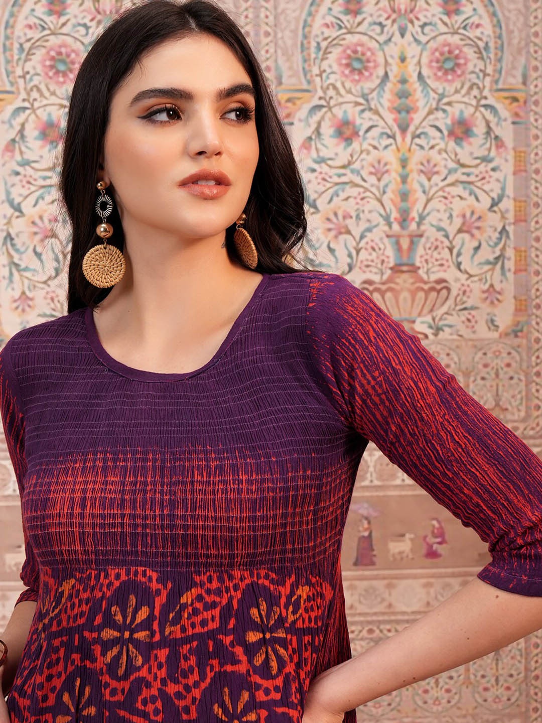 

Vishudh Orange Ethnic Motifs Printed Smocked A-Line Dress, Purple