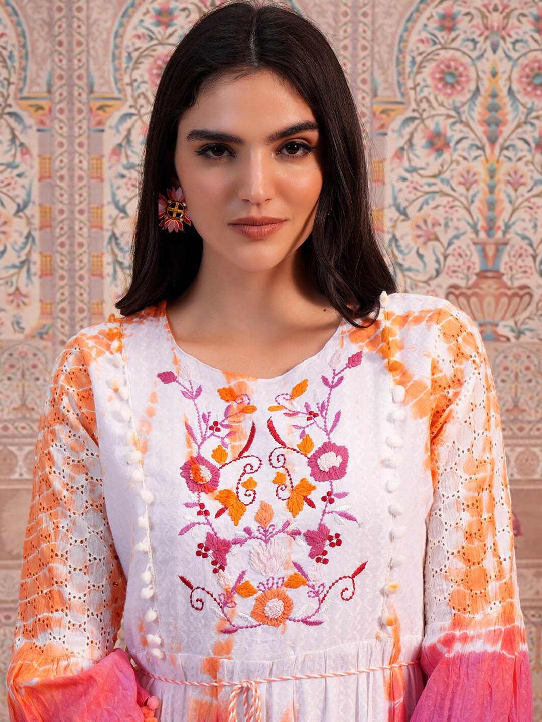

Vishudh Pink Tie & Dye Dyed Bell Sleeve Embroidered & Pom Pom Cotton Fit & Flare Dress