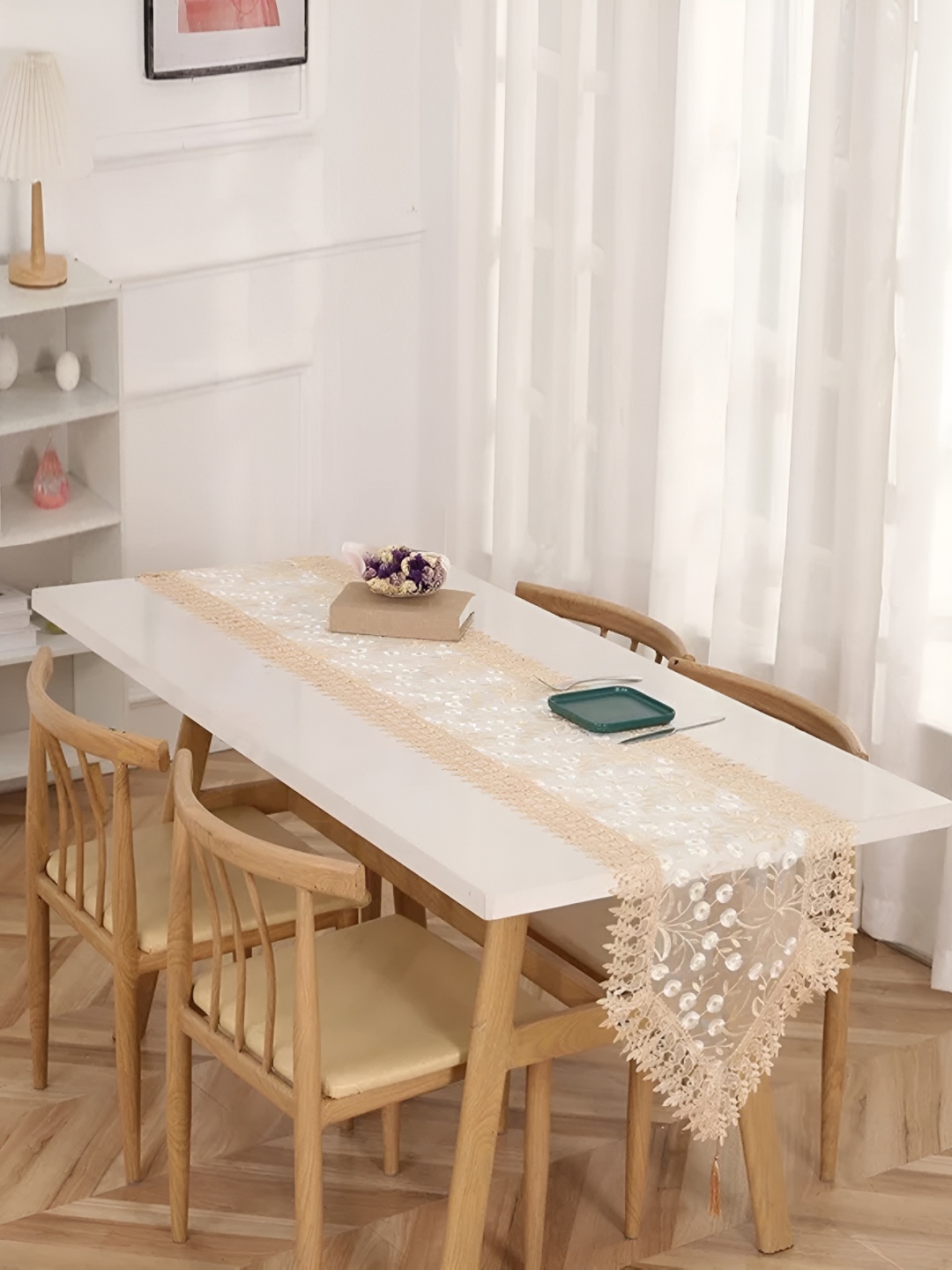 

TANLOOMS White & Beige Embroidered Table Runner