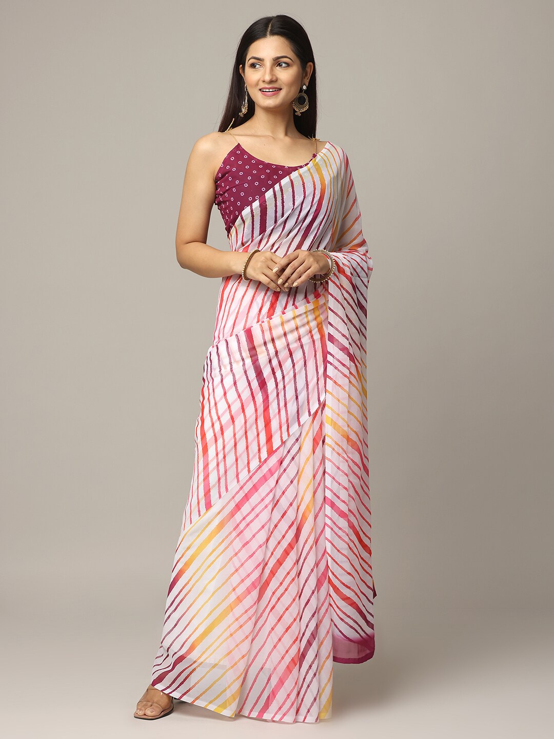 

PATLIPALLU Printed Georgette Leheriya Saree, White