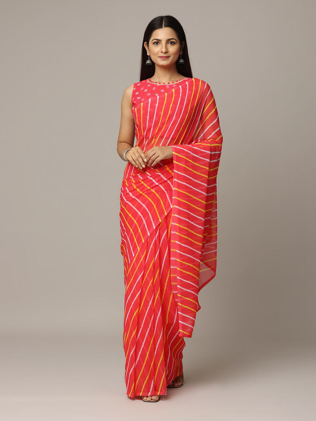 

PATLIPALLU Leheriya Printed Saree, Pink