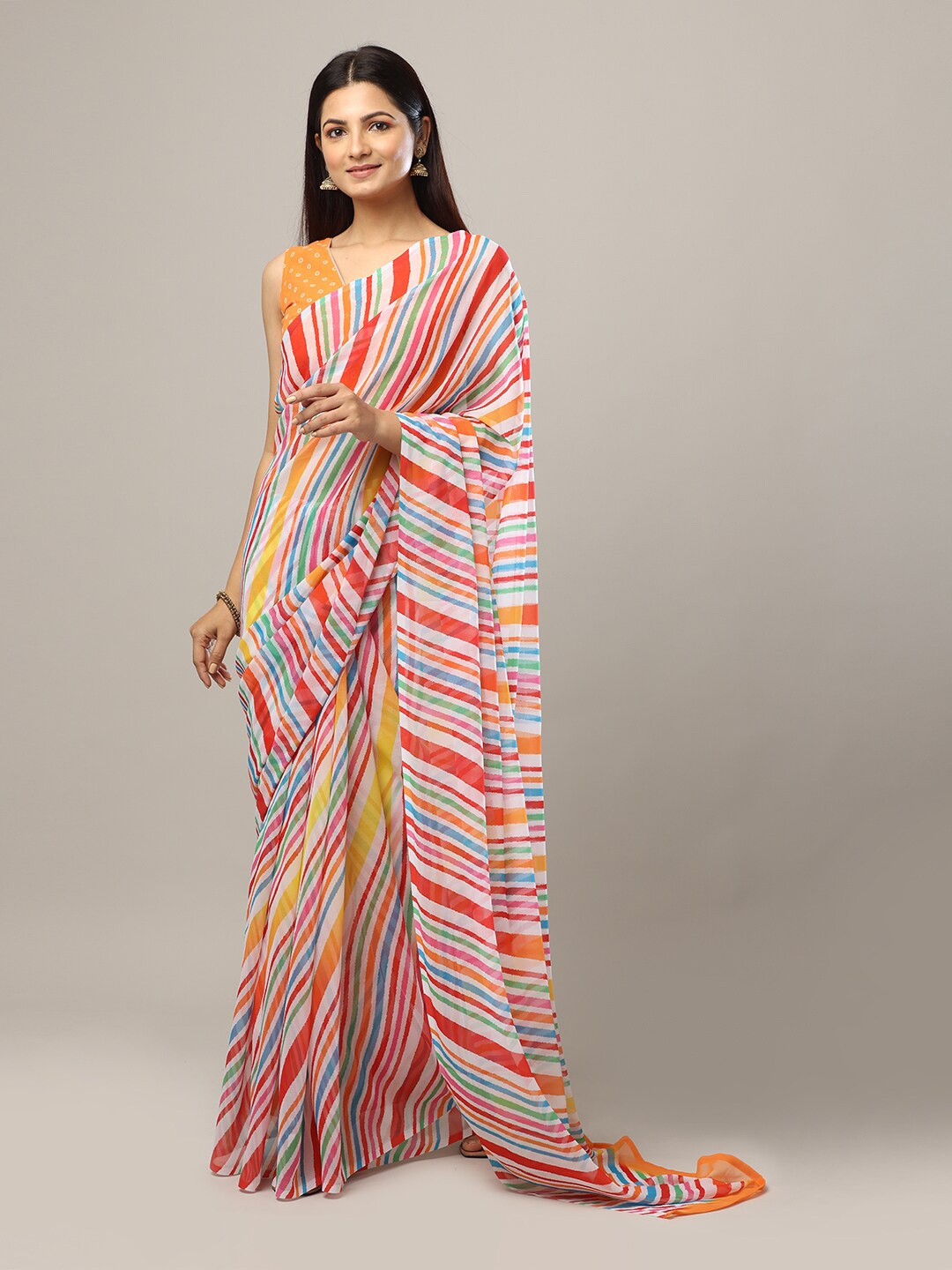 

PATLIPALLU Printed Georgette Leheriya Saree, White