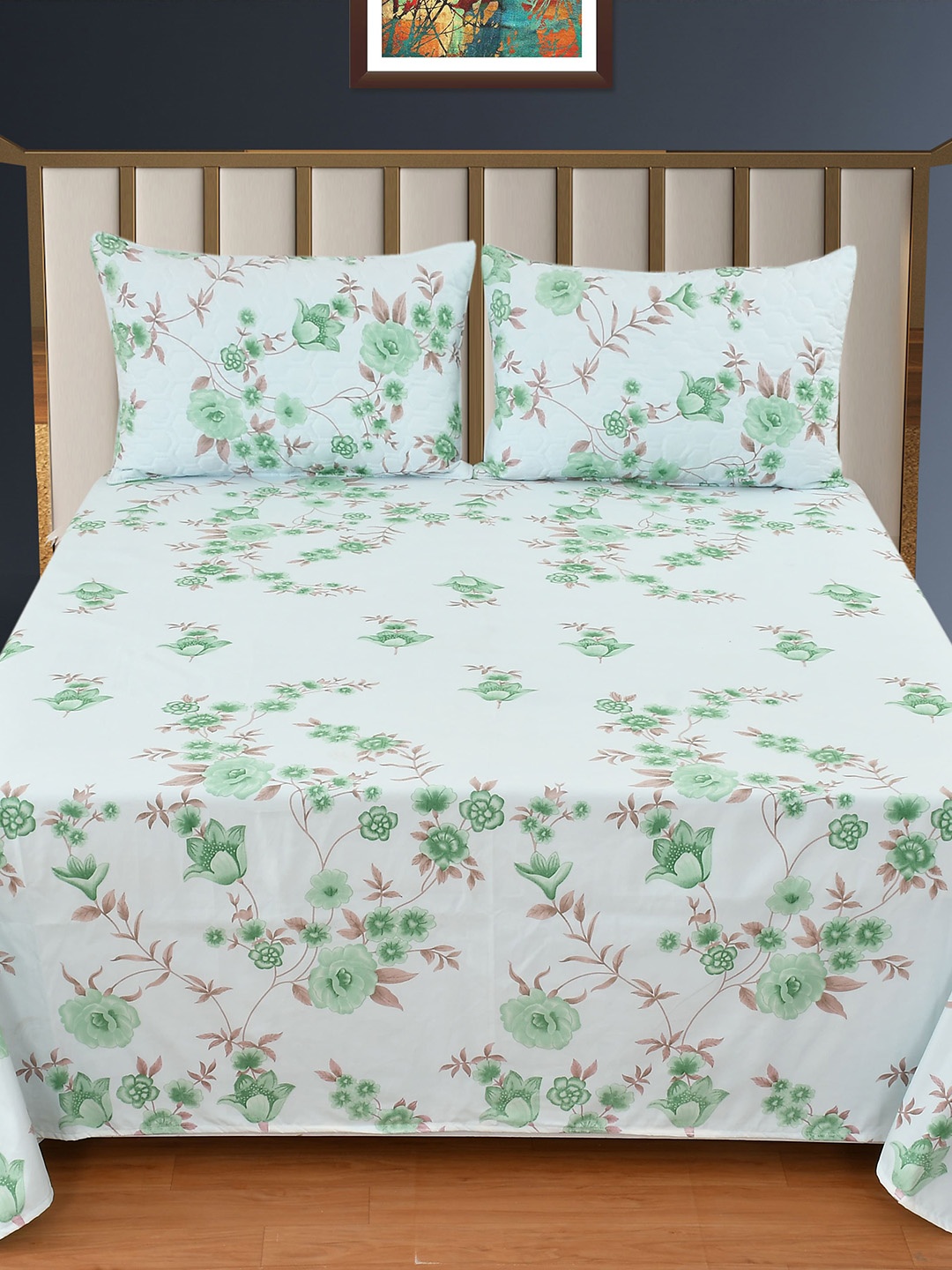 

Nivasam White & Green Floral Print 6 Piece CottonDouble King Superfine Bedding Set, Blue