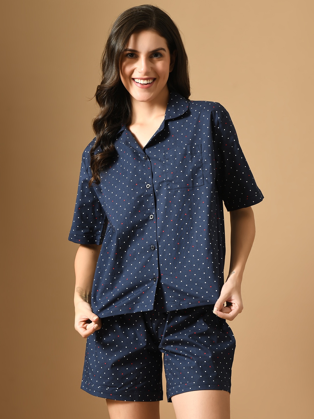 

PANDORNA Polka Dots Printed Pure Cotton Night Suit, Navy blue