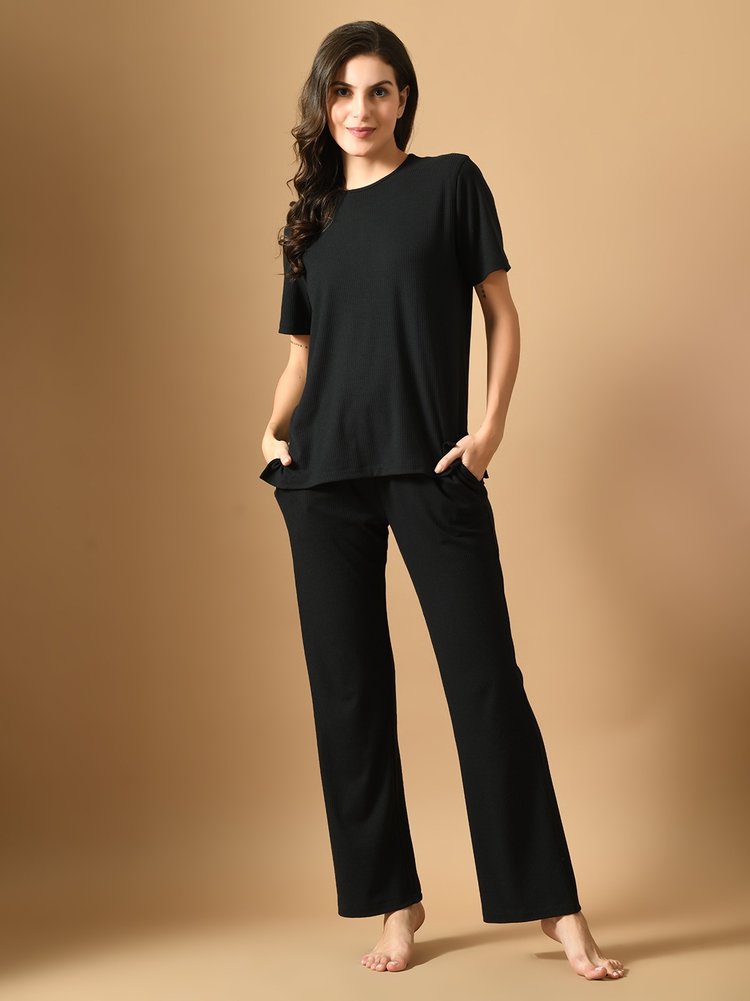 

PANDORNA Round Neck T-shirt With Pyjamas Night Suit, Black