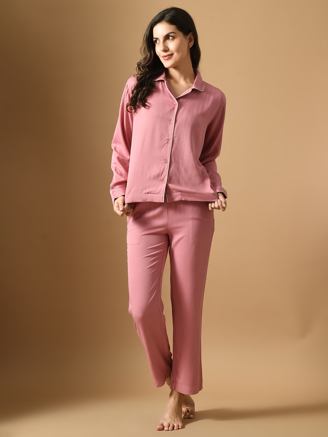 

PANDORNA Lapel Collar Shirt With Pyjamas Night Suit, Pink