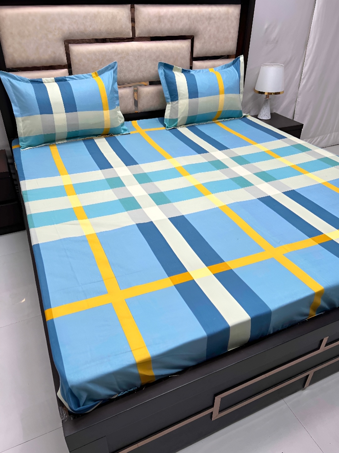 

Pure Decor Blue & Yellow Geometric Cotton TC 230 Queen Bedsheet with 2 Pillow Covers