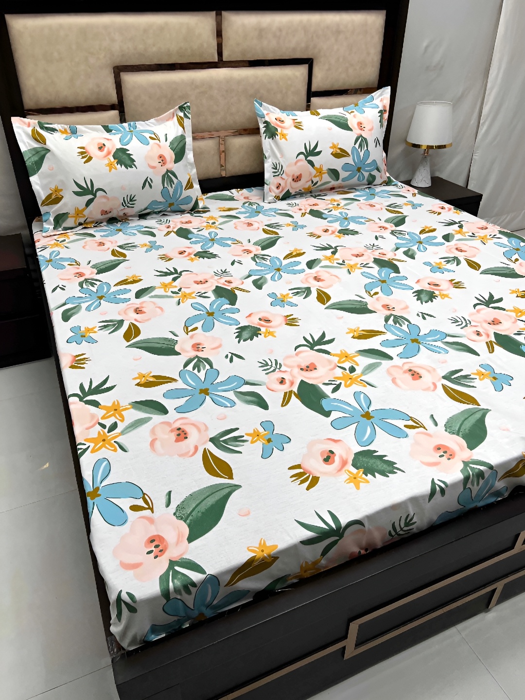 

Pure Decor White & Blue Floral Cotton TC 230 Queen Bedsheet with 2 Pillow Covers