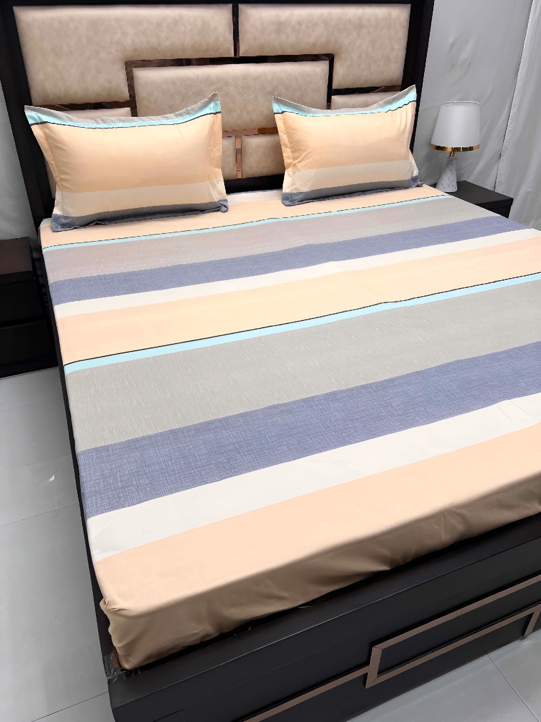 

Pure Decor Grey & Blue Striped Cotton 250 TC Queen Bedsheet with 2 Pillow Covers