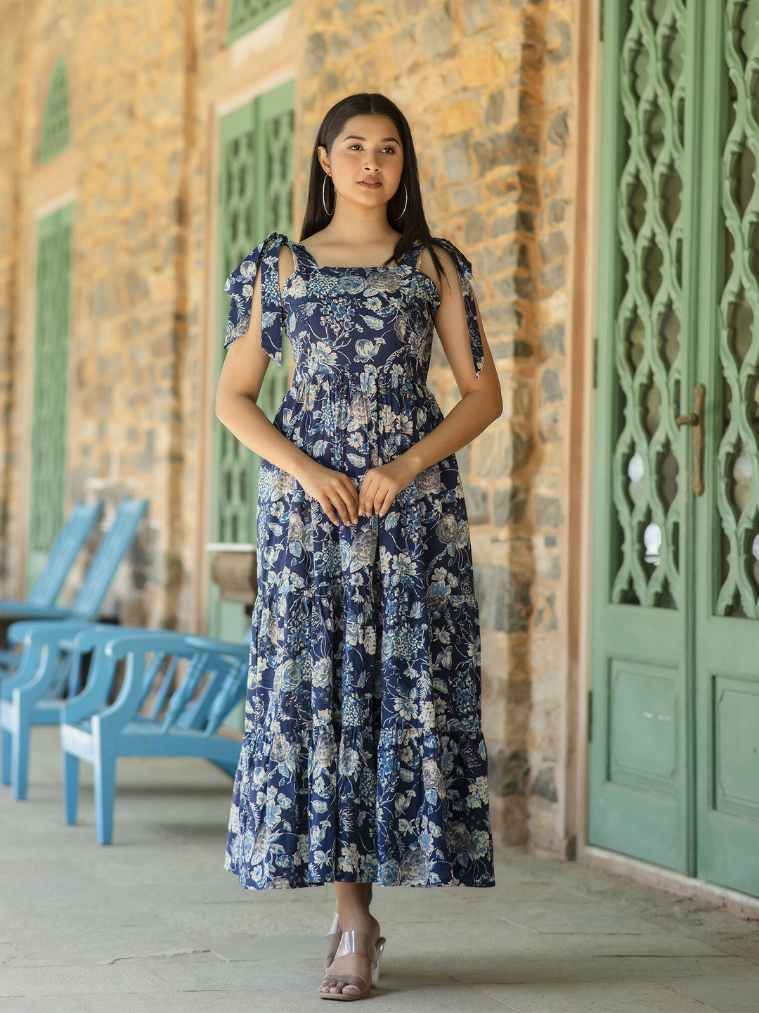 

Nayo Floral Printed Fit & Flare Cotton Maxi Dress, Navy blue