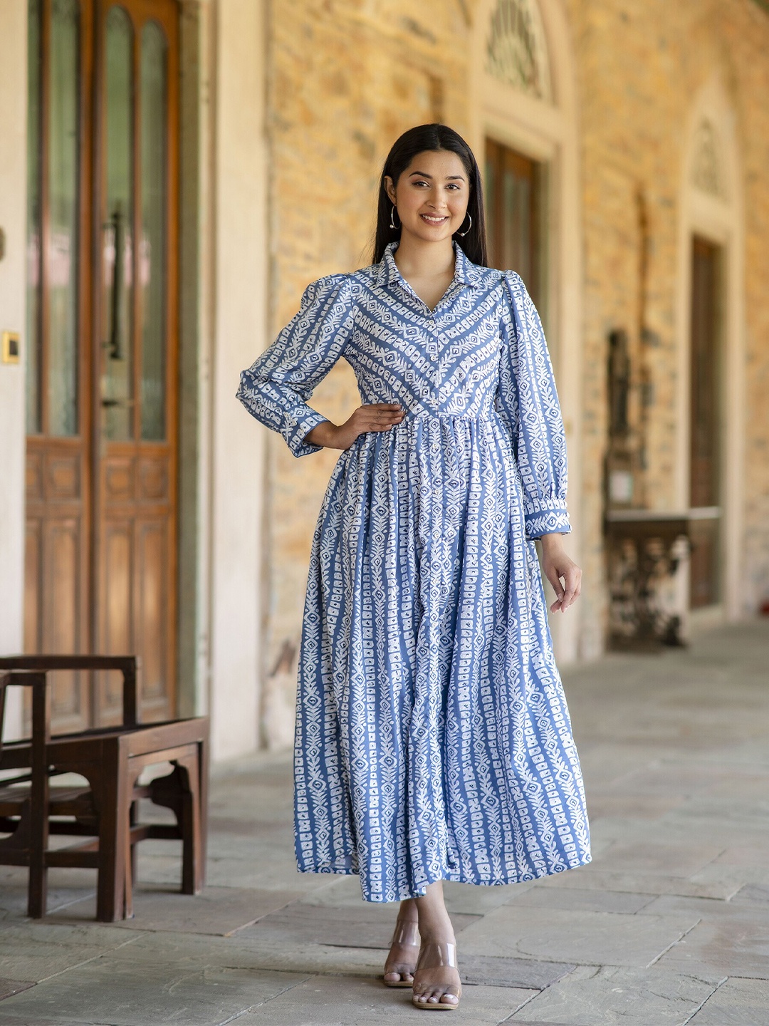 

Nayo Ethnic Motifs Printed Puff Sleeves Maxi Dress, Blue