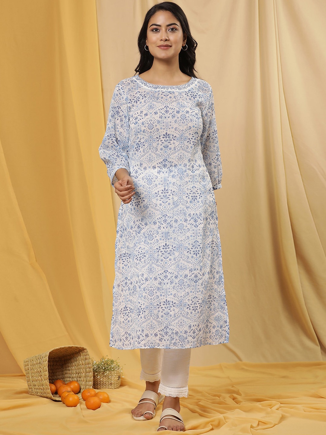 

W Blue Floral Printed Boat Neck Pure Cotton Straight Kurta, White