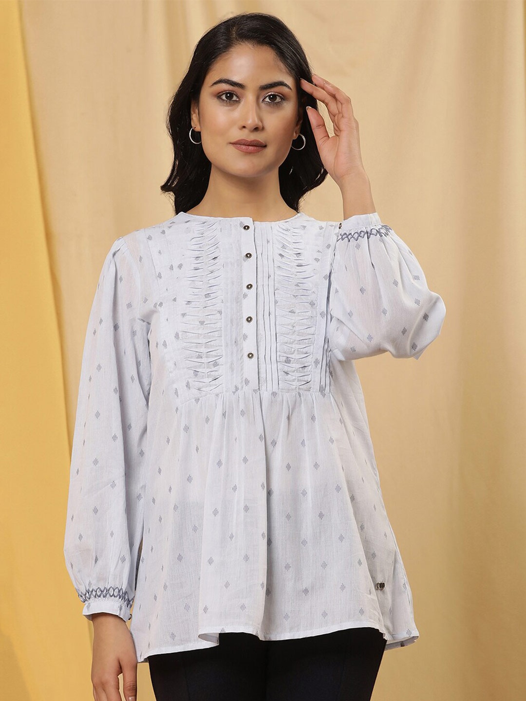 

W Geometric Self Design Cotton Top, Blue