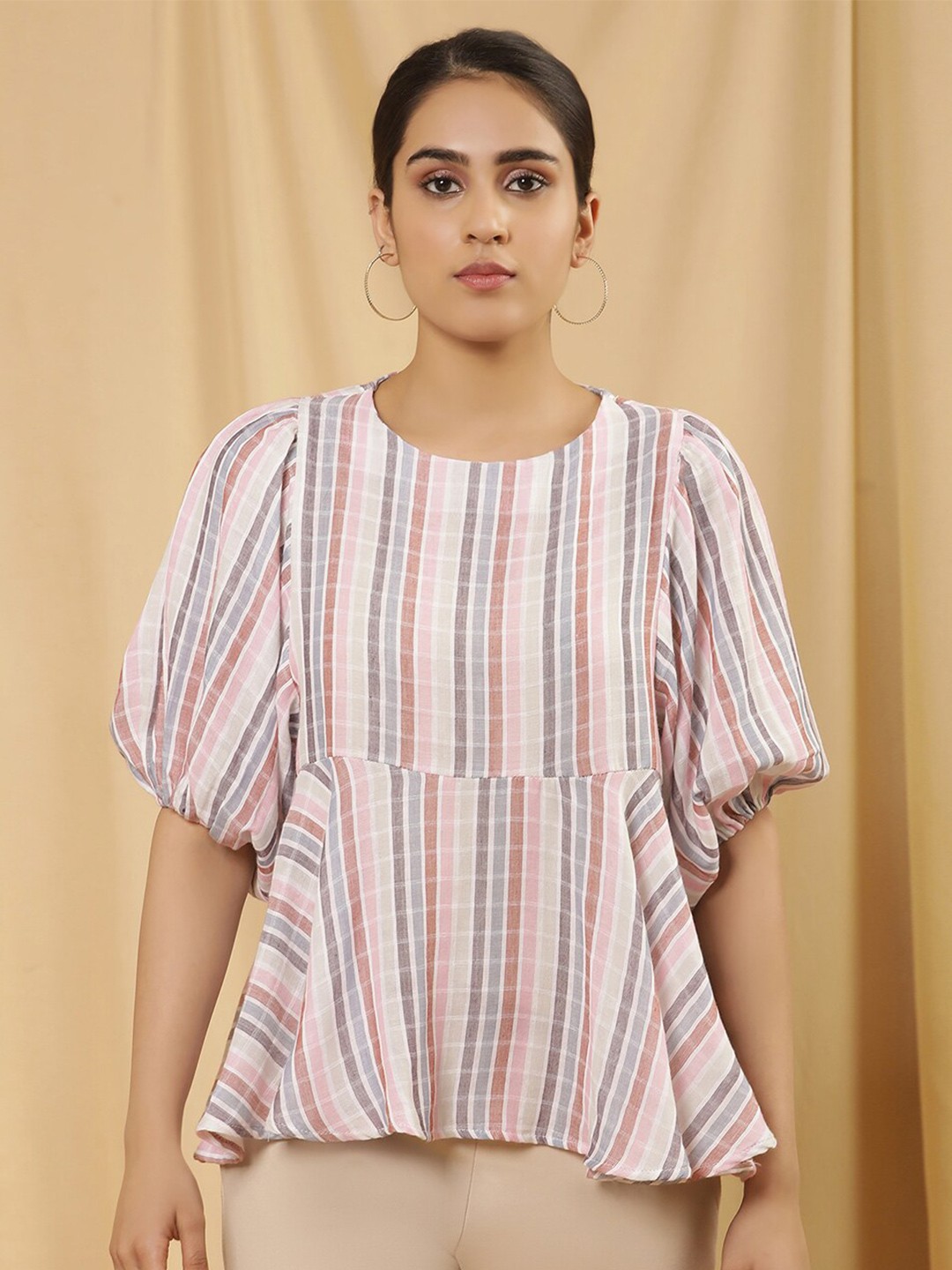 

W Vertical Striped Puff Sleeves Cotton Peplum Top, White