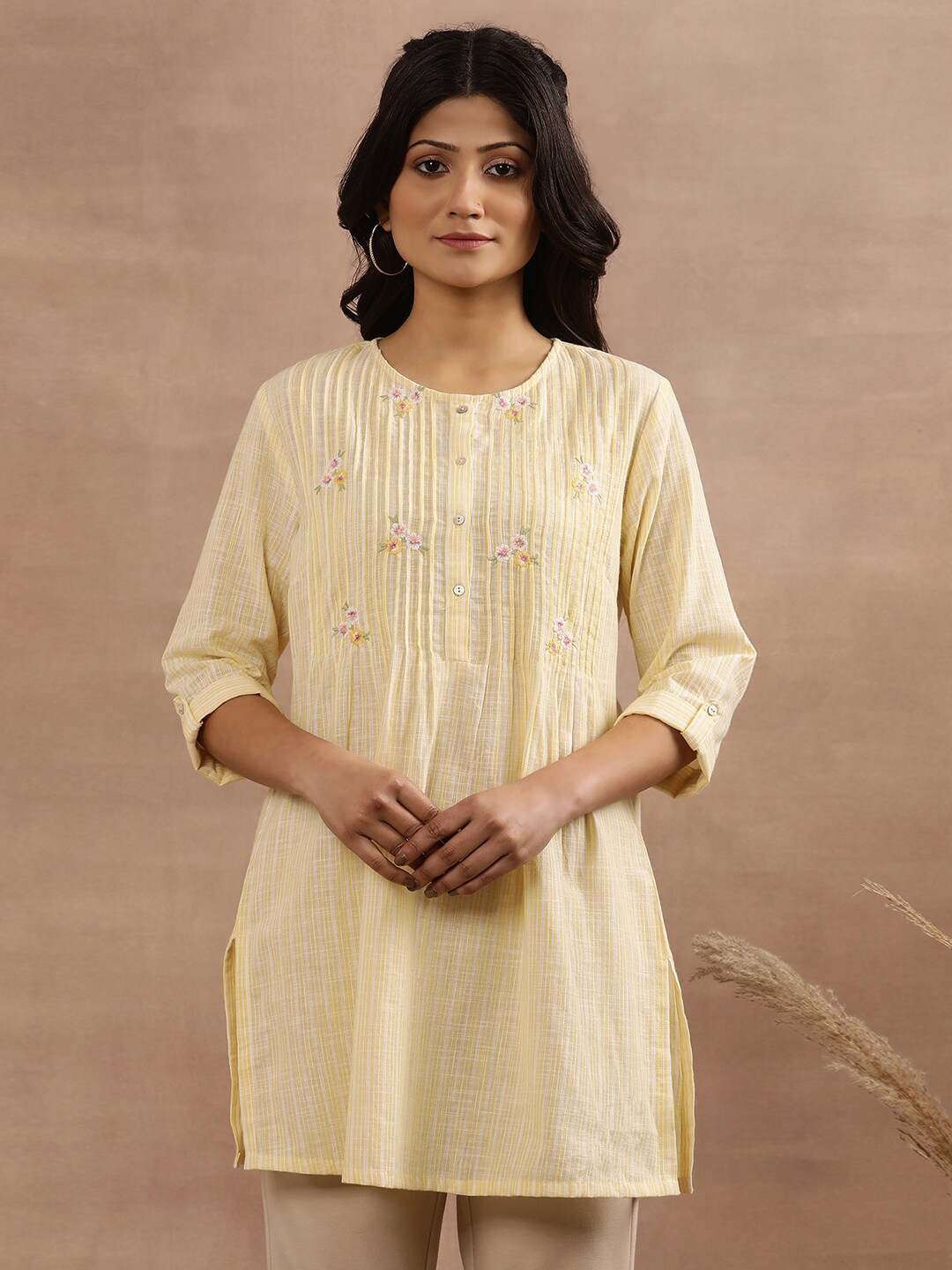 

W Floral Embroidered Roll Up Sleeves Pure Cotton Tunic, Yellow