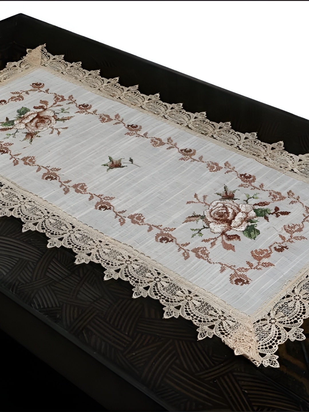 

TANLOOMS White & Brown Floral Embroidered Table Runner