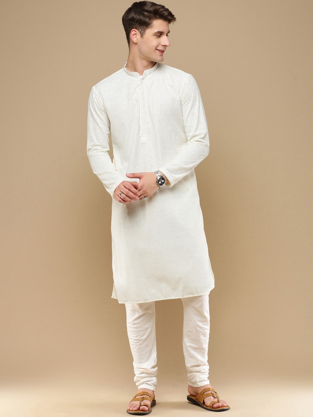 

Anouk Off White Woven Designed Mandarin Collar Chikankari Cotton Straight Kurta