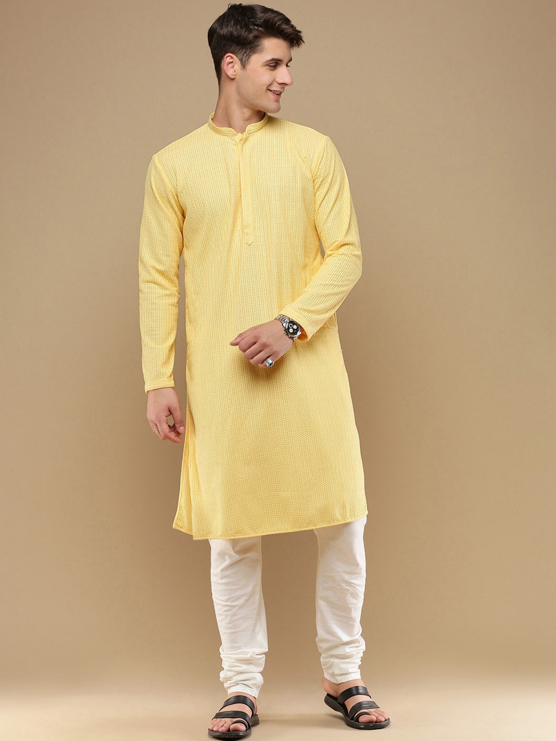 

Anouk Yellow Ethnic Motif Chikankari Embroidered Straight Kurta