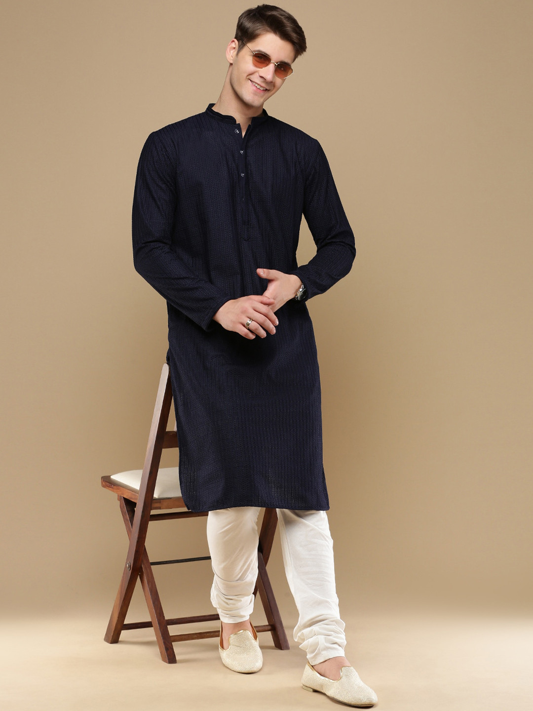 

Anouk Navy Blue Woven Designed Mandarin Collar Chikankari Cotton Straight Kurta