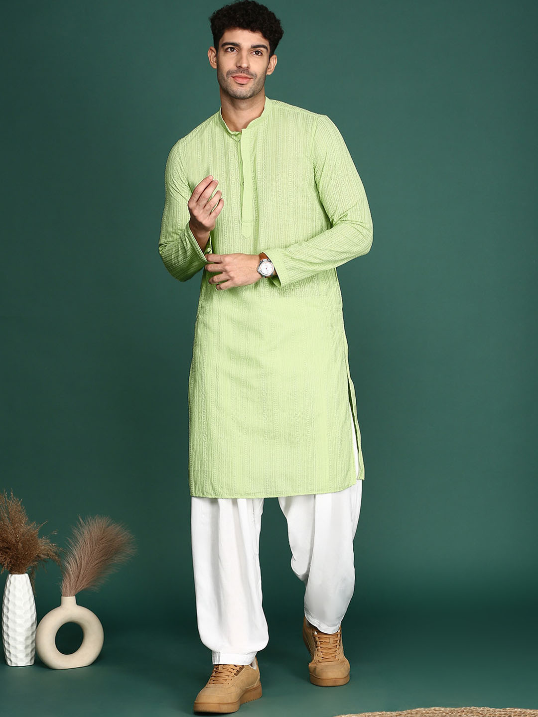 

Anouk Green Woven Designed Mandarin Collar Chikankari Cotton Straight Kurta