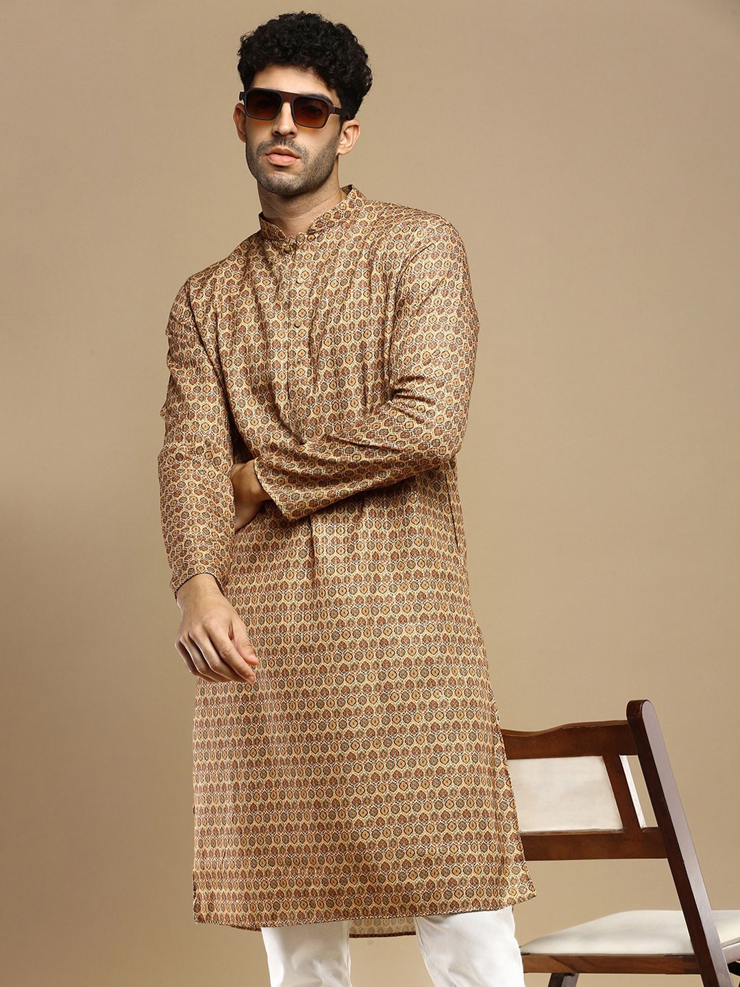 

Anouk Brown Ethnic Motifs Woven Designed Mandarin Collar Sequined Cotton Straight Kurta, Beige