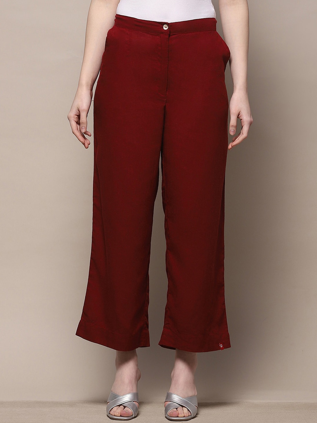 

Biba Women Relaxed Straight Leg Cotton Cropped Ethnic Parallel Trousers, Maroon