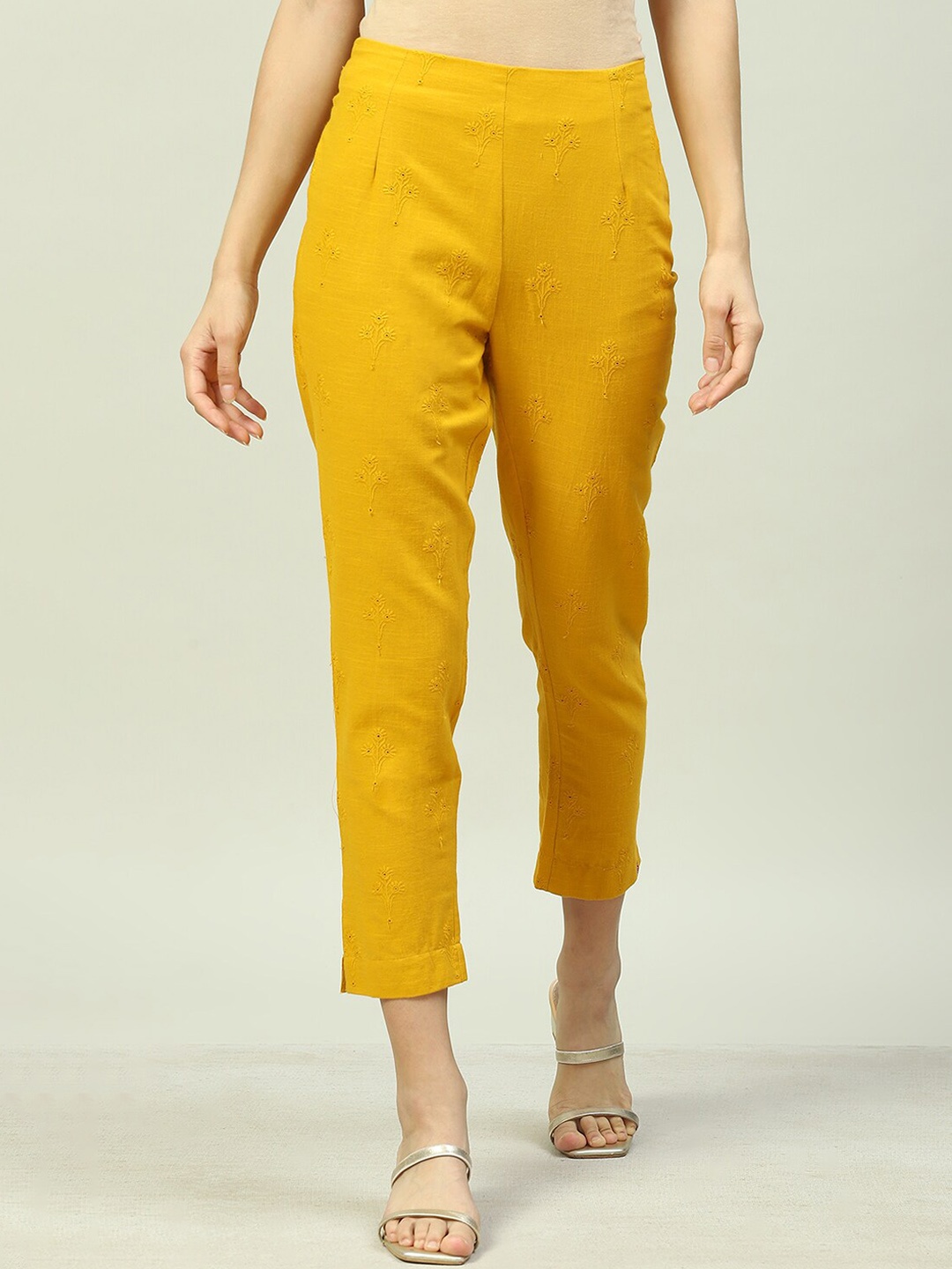 

Biba Women Ethnic Motifs Embroidered Cotton Relaxed Straight Leg Cigarette Trousers, Mustard