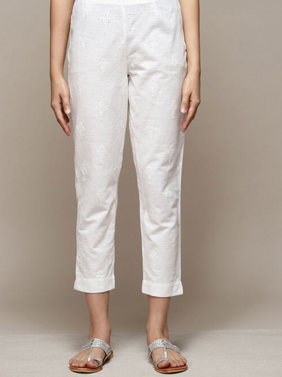 

Biba Women Relaxed Straight Leg Straight Fit Embroidered Cotton Trousers, Off white