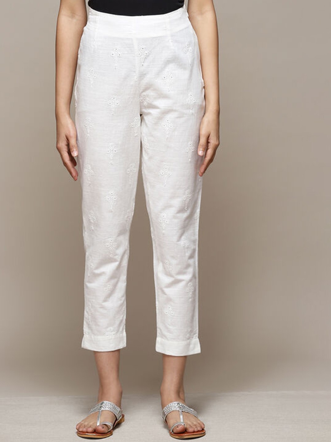 

Biba Women Ethnic Motifs Embroidered Straight Fit Cotton Cigarette Trousers, Off white