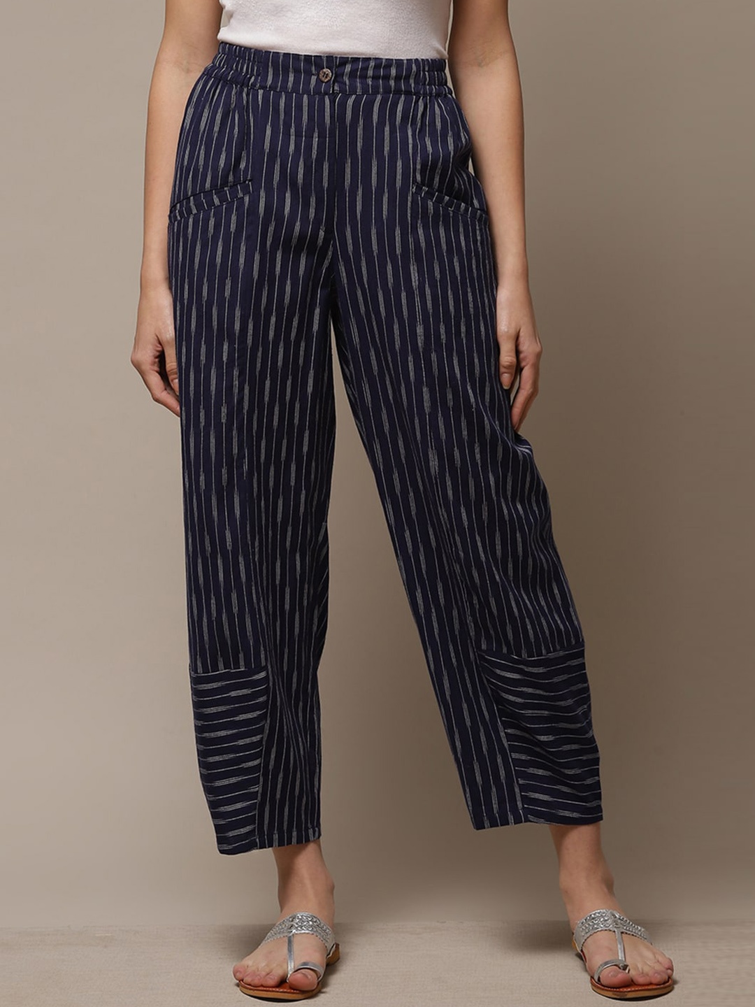 

Biba Women Striped Relaxed Straight Leg Straight Fit Cotton Trousers, Navy blue