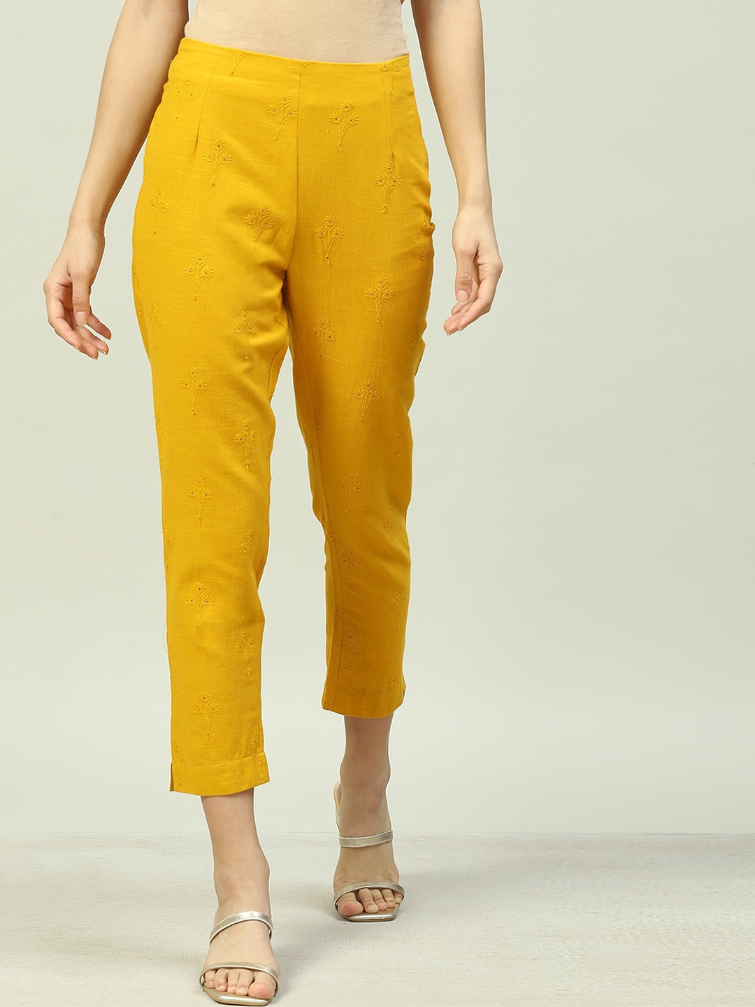 

Biba Women Self Design Relaxed Straight Leg Straight Fit Trouser, Mustard