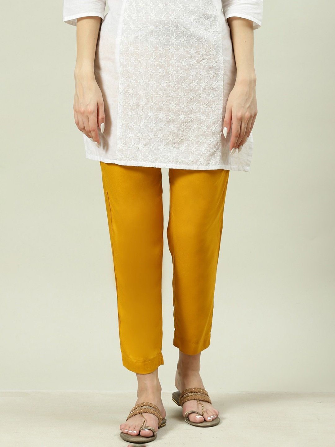 

Biba Women Relaxed Straight Leg Fit Cotton Trousers, Yellow