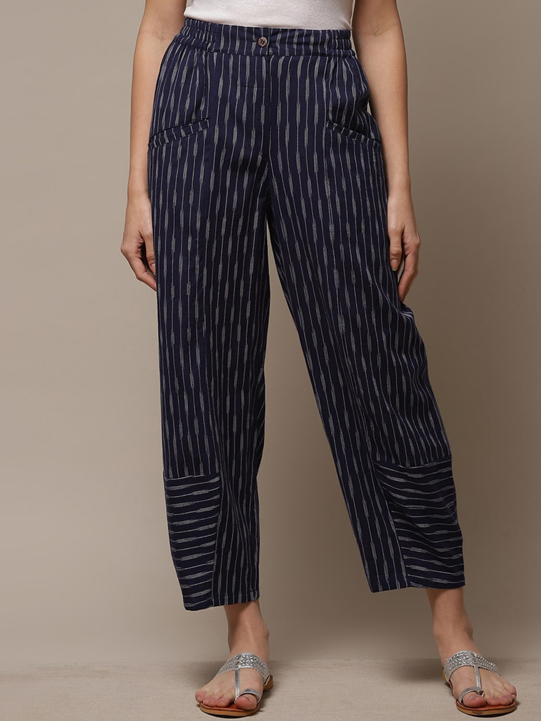 

Biba Women Striped Relaxed Straight Leg Straight Fit Cotton Trousers, Navy blue