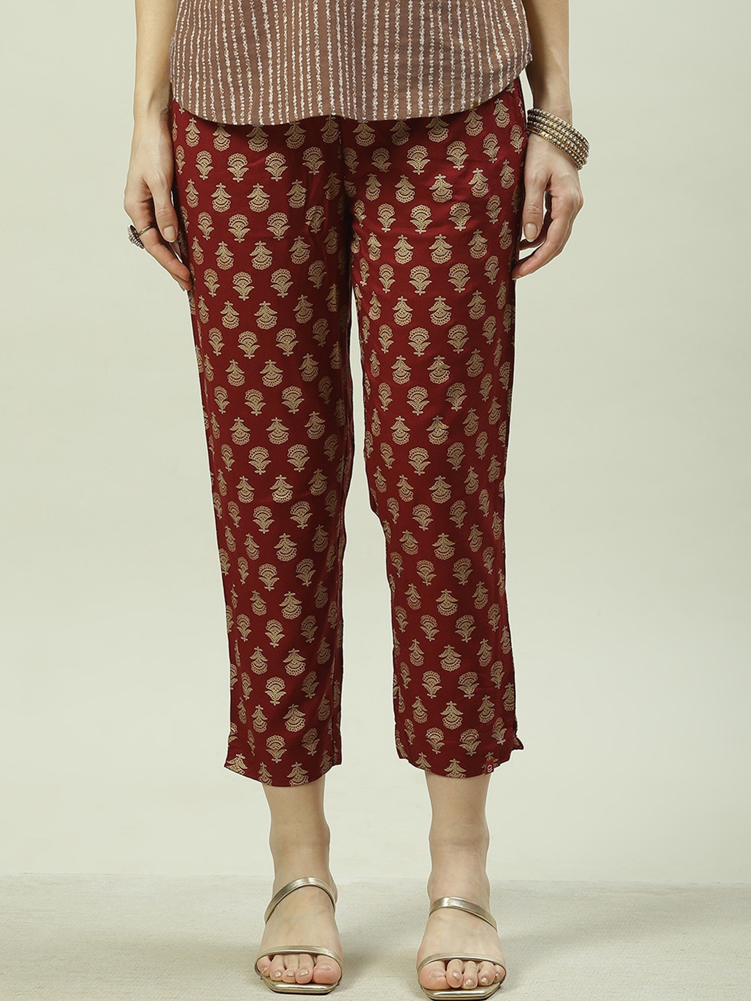 

Biba Women Ethnic Motifs Printed Relaxed Straight Leg Cropped Cigarette Trousers, Maroon