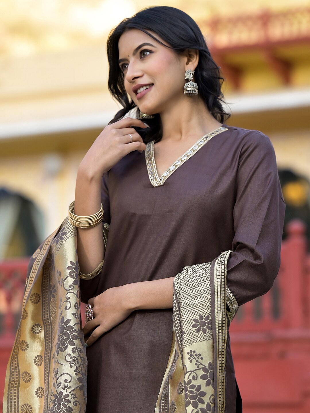 

Vishudh Brown & Gold Toned V Neck Regular Kurta with Trousers & With Dupatta