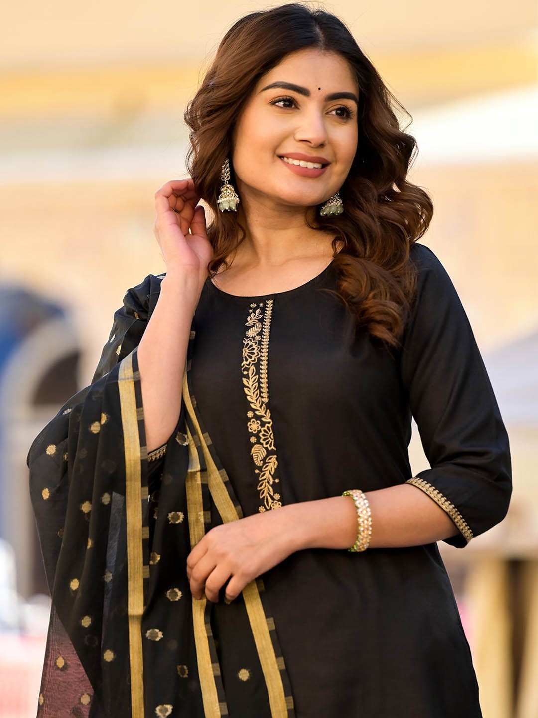 

Vishudh Black & Gold Toned Round Neck Straight Kurta & Trousers With Dupatta