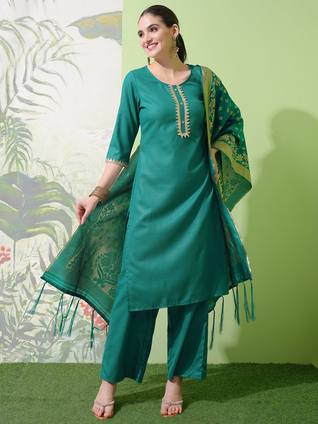 

Vishudh Green & Gold Toned Round Neck Embellished Straight Kurta & Palazzos With Dupatta