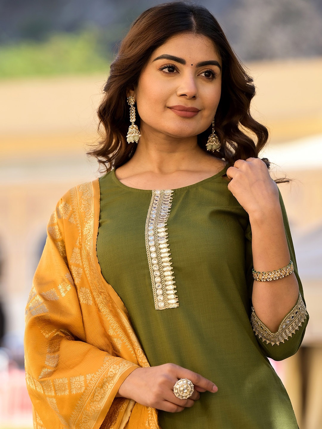 

Vishudh Green & Gold Toned Round Neck Embellished Straight Kurta & Palazzos With Dupatta