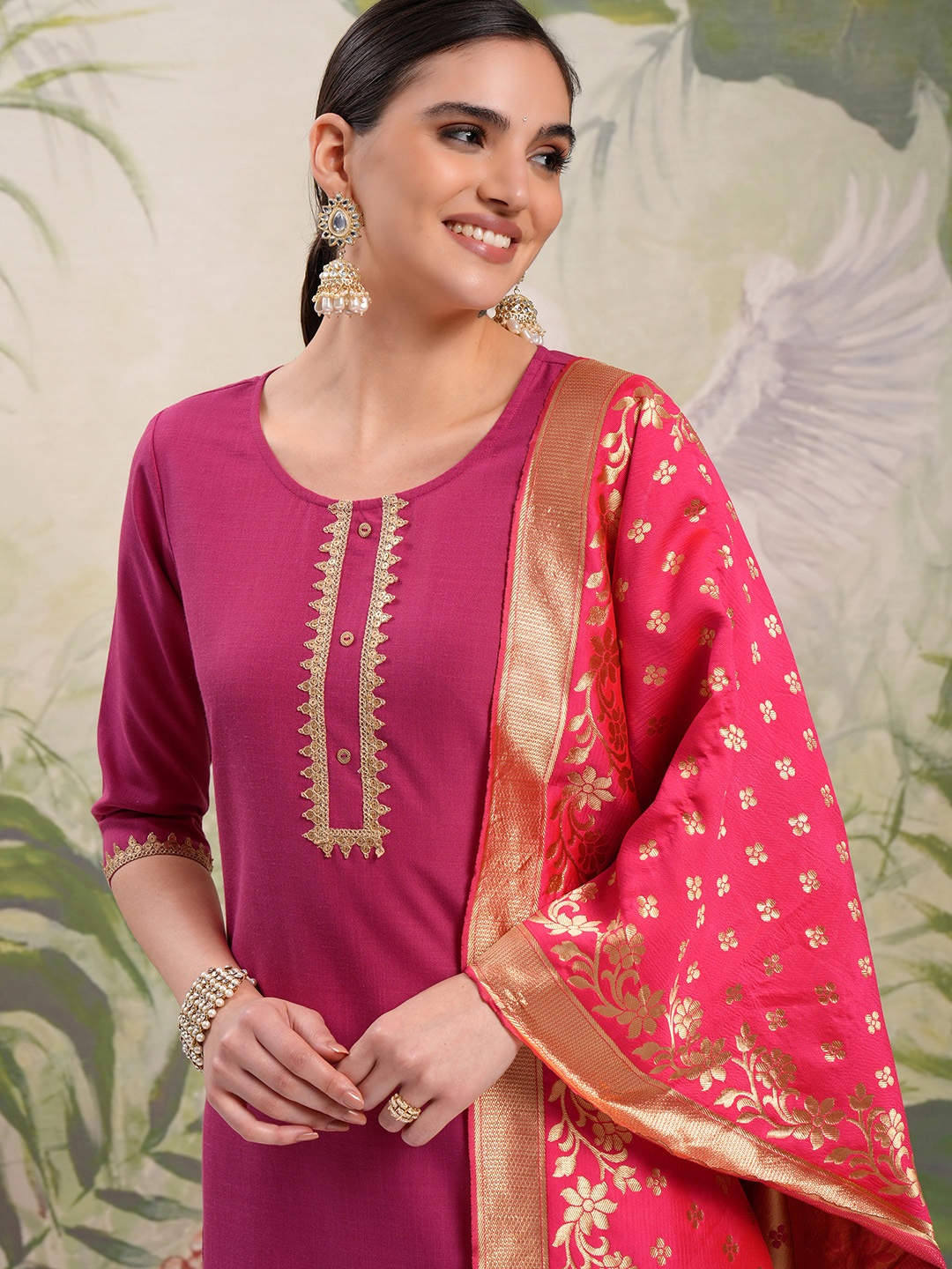 

Vishudh Pink Vishudh Round Neck Embellished Straight Kurta & Palazzos With Dupatta