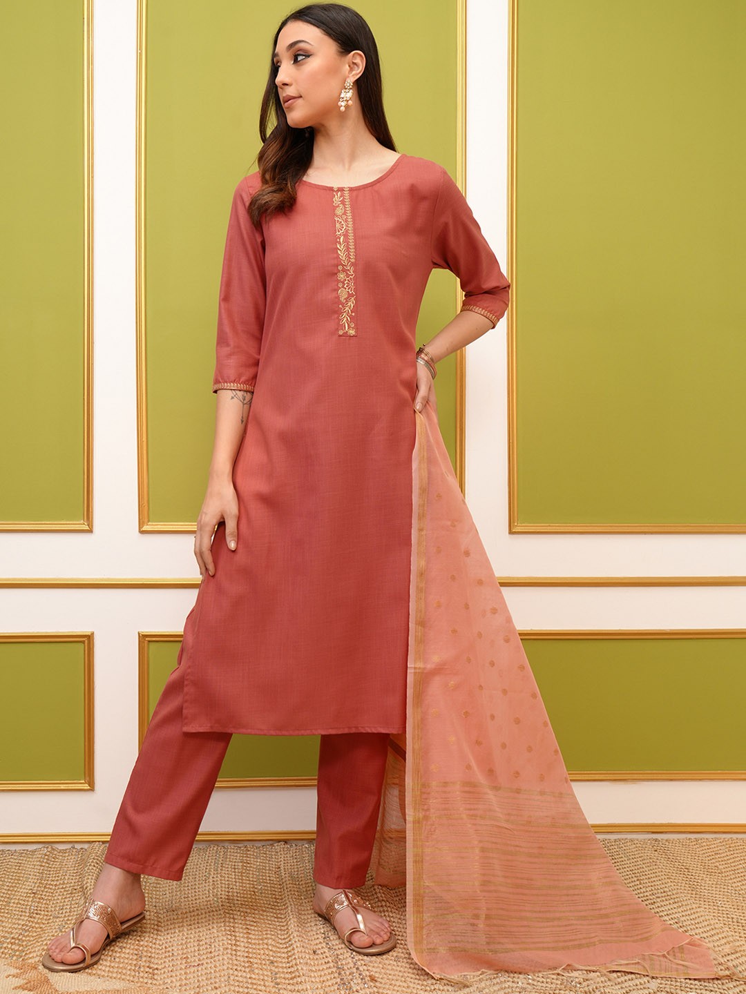 

Vishudh Coral Round Neck Embroidery Straight Kurta & Palazzos With Dupatta