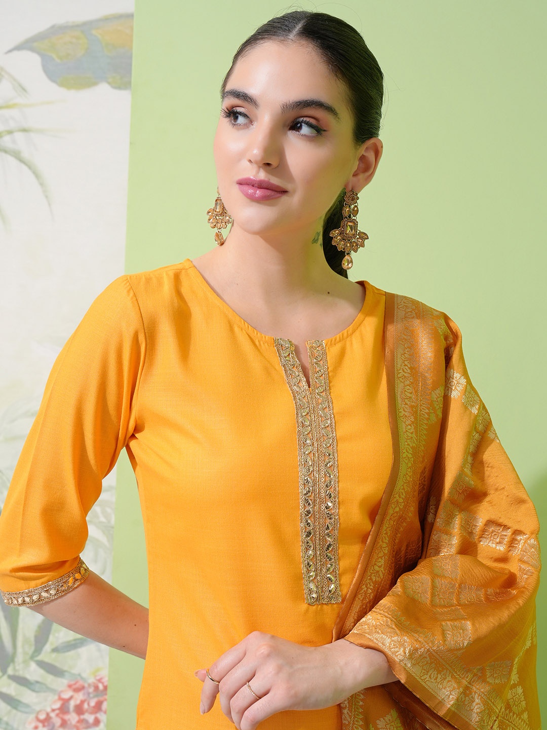 

Vishudh Yellow Round Neck Embellished Straight Kurta & Palazzos With Dupatta