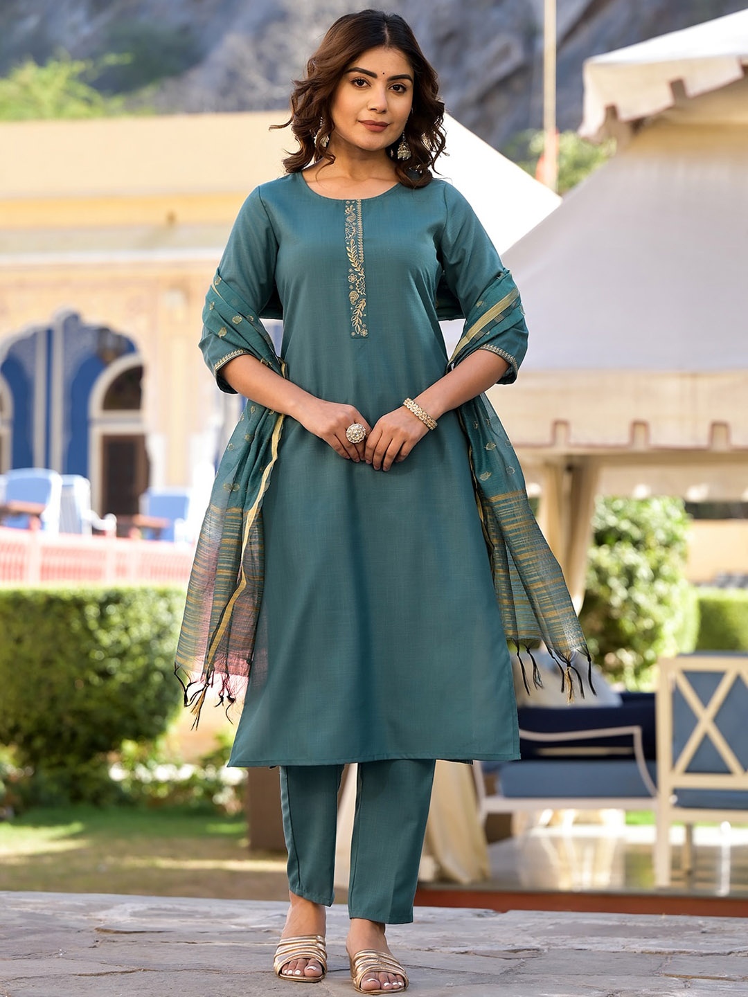 

Vishudh Turquoise Blue Floral Yoke Design Straight Kurta & Trousers With Dupatta